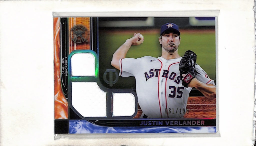 JUSTIN VERLANDER 2022 TOPPS TRIBUTE TRIPLE GAME USED JERSEY CARD: 61/199. NEAR MINT OR BETTER CONDITION