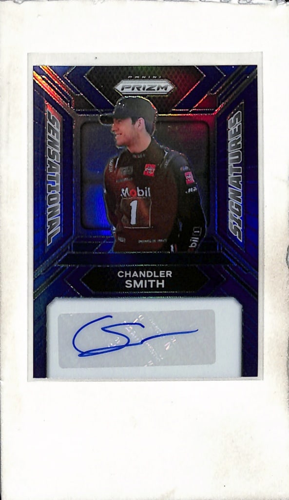 CHANDLER SMITH 2024 PANINI PRIZM NASCAR BLUE PRIZM AUTOGRAPH CARD: 45/49. NEAR MINT OR BETTER CONDITION