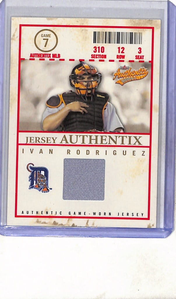 IVAN RODRIGUEZ 2005 FLEER AUTHENTIX GAME USED JERSEY CARD: NEAR MINT OR BETTER CONDITION