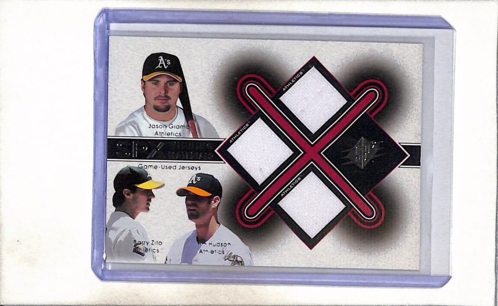 JASON GIAMBI BARRY ZTIO TIM HUDSON 2001 SPX TRIPLE GAME USED JERSEY CARD (1 of 1)