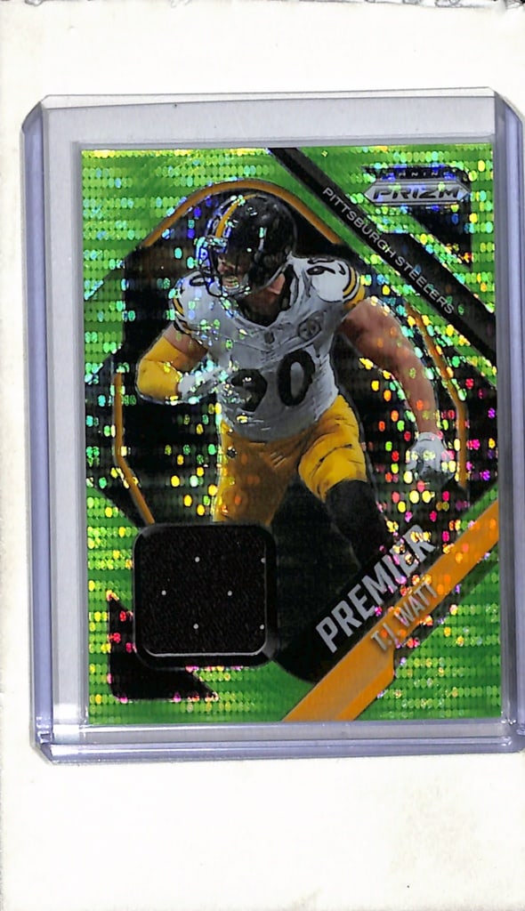 T.J. WATT 2025 PANINI PRIZM NEON GREEN PRIZM GAME USED JERSEY CARD: NEAR MINT OR BETTER CONDITION