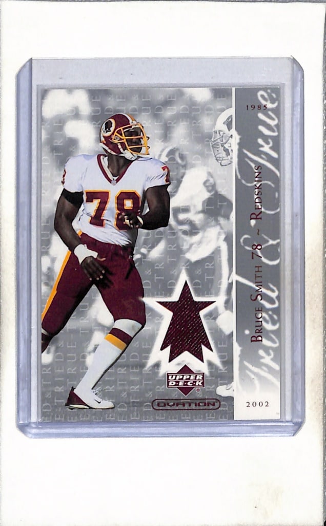 BRUCE SMITH 2002 UPPER DECK OVATION GAME USED JERSEY CARD: NEAR MINT OR BETTER CONDITION