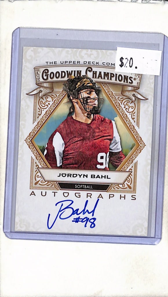 JORDYN BAHL 2025 UPPER DECK GOODWIN AUTOGRAPH ROOKIE CARD: TOP SOFTBALL PLAYER IN THE NCAA. NEAR MINT OR BETTER CONDITION