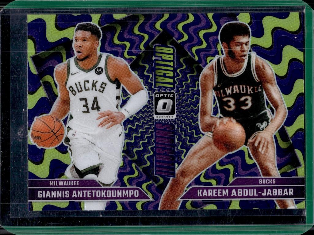 GIANNIS ANTETOKOUNMPO KAREEM ABDUL JABBAR 2024-24 OPTIC ILLUSIONS PURPLE PRIZM: NEAR MINT OR BETTER CONDITION