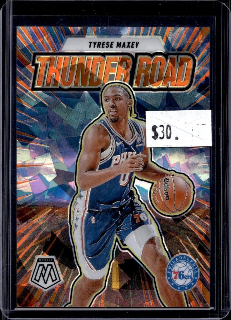 TYRESE MAXEY 2024-25 PANINI MOSAIC THUNDER ROAD ORANGE ICE PRIZM SP: 42/49. NEAR MINT OR BETTER CONDITION