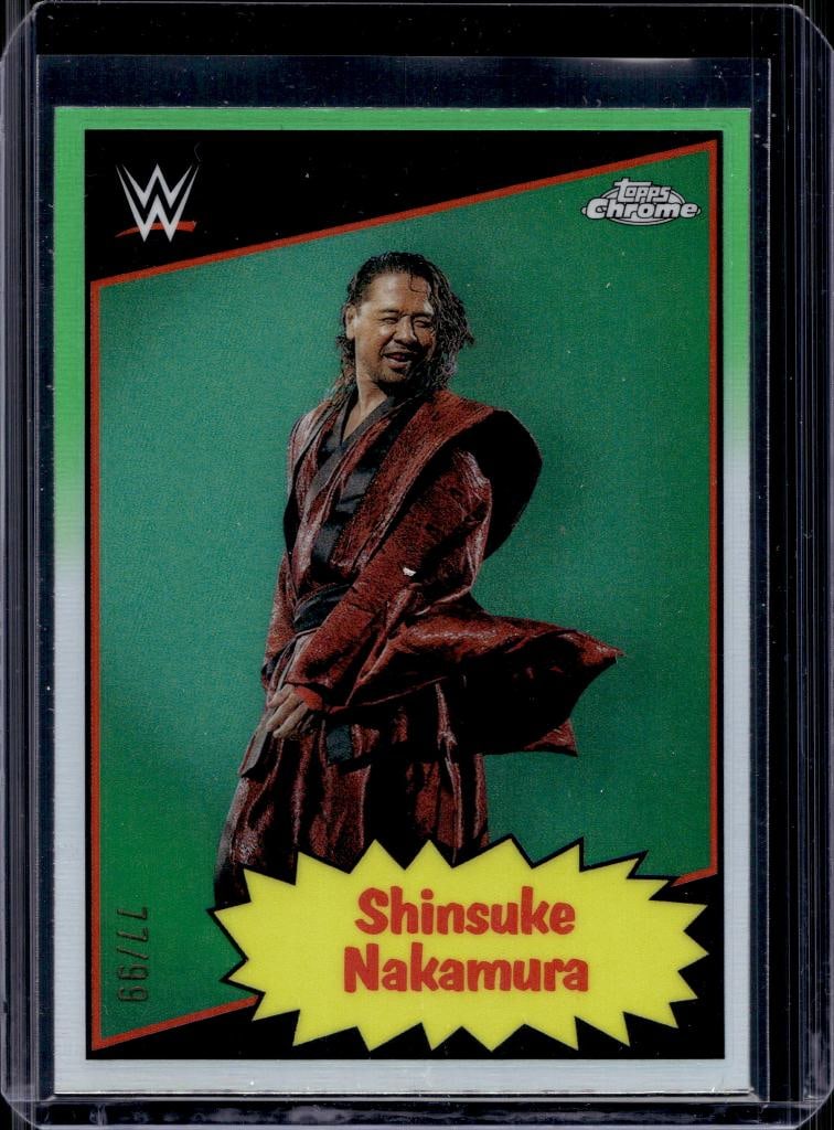 SHINSUKE NAKAMORA 2025 TOPPS CHROME WWE RETRO GREEN REFRACTOR: 77/99. NEAR MINT OR BETTER CONDITION