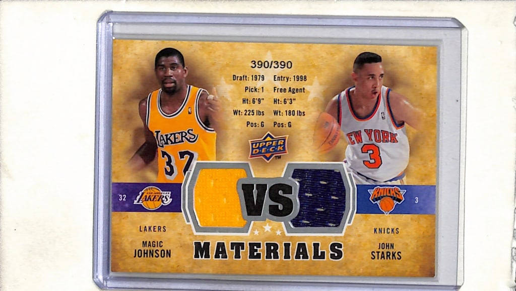MAGIC JOHNSON JOHN STARKS 2009-10 UPPER DECK DUAL GAME USED JERSEY CARD: NEAR MINT OR BETTER CONDITION