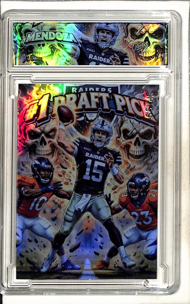 FERNANDO MENDOZA 2026 RAIDERS #1 DRAFT PICK SLABBED CUSTOM ART CARD: ONLY 99 MADE. NEAR MINT OR BETTER CONDITION