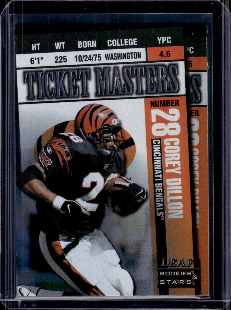 COREY DILLON CARL PICKENS 1998 LEAF ROOKIES & STARS TICKET MASTERS INSERT: 292/5000. NEAR MINT OR BETTER CONDITION