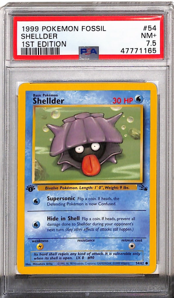 SHELLDER 1999 POKEMON FOSSIL 1ST EDITION PSA GRADED: GRADED PSA 7.5 NEAR MINT+