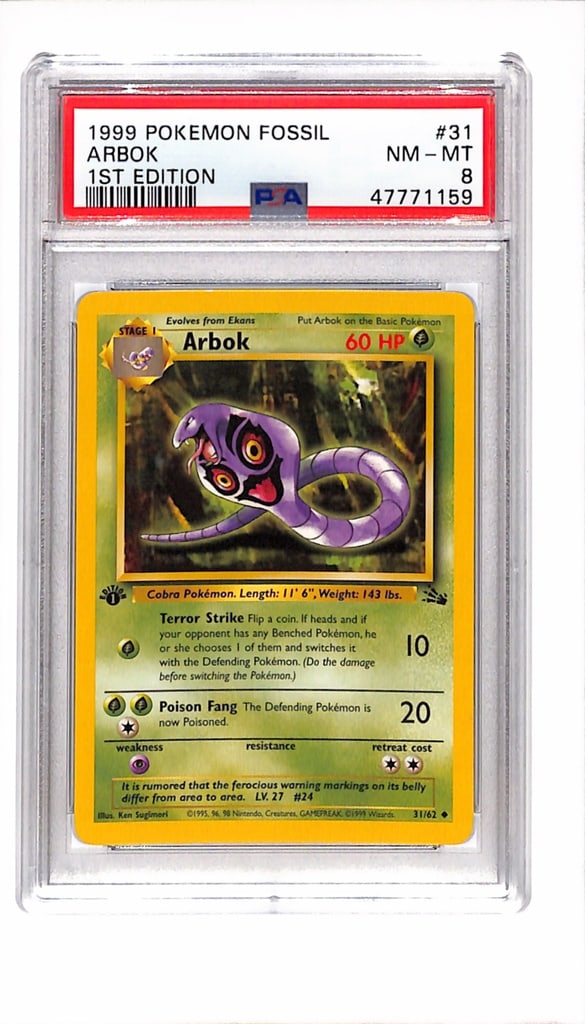 ARBOK 1999 POKEMON FOSSIL 1ST EDITION PSA GRADED: GRADED PSA 8 NEAR MINT - MINT