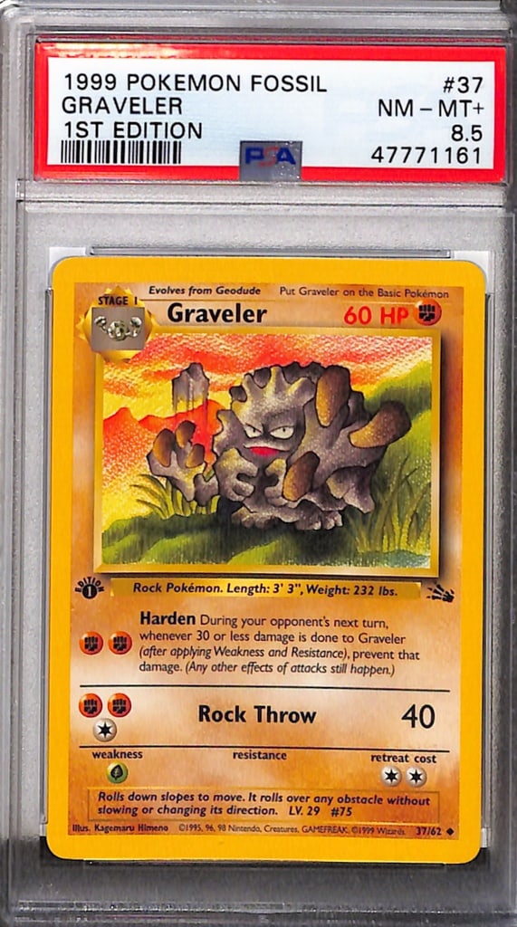 GRAVELER 1999 POKEMON FOSSIL 1ST EDITION PSA GRADED: GRADED PSA 8.5 NEAR MINT-MINT+
