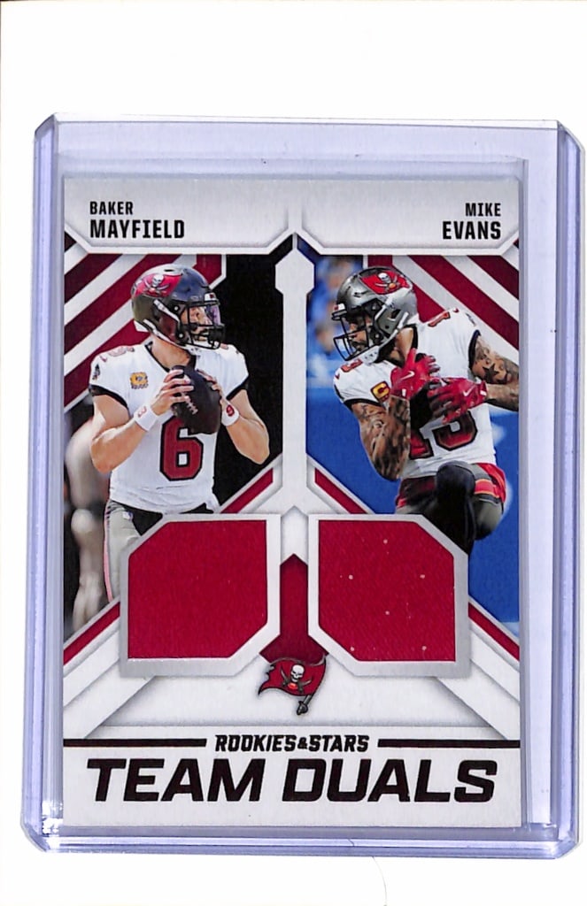 BAKER MAYFIELD MIKE EVANS 2025 PANINI ROOKIES & STARS DUAL GAME USED JERSEY CARD (1 of 1)
