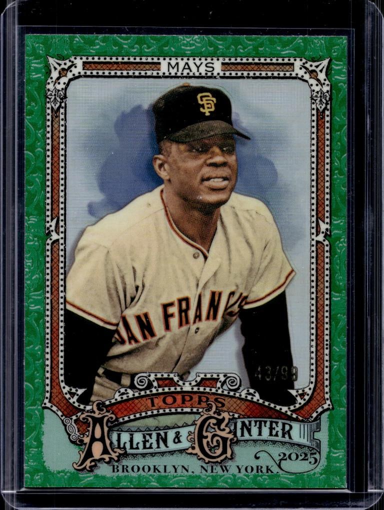 WILLIE MAYS 2025 TOPPS ALLEN & GINTER CHROME GREEN REFRACTOR: 43/99. NEAR MINT OR BETTER CONDITION