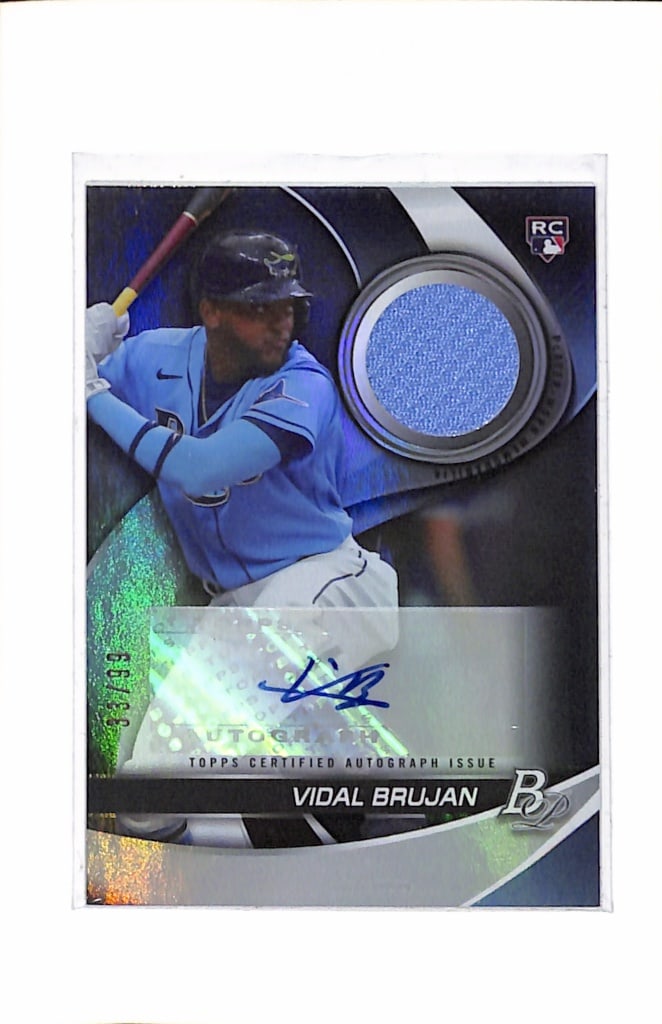 VIDAL BRUJAN 2022 BOWMAN PLATINUM JERSEY AUTOGRAPH ROOKIE CARD: 33/99. NEAR MINT OR BETTER CONDITION