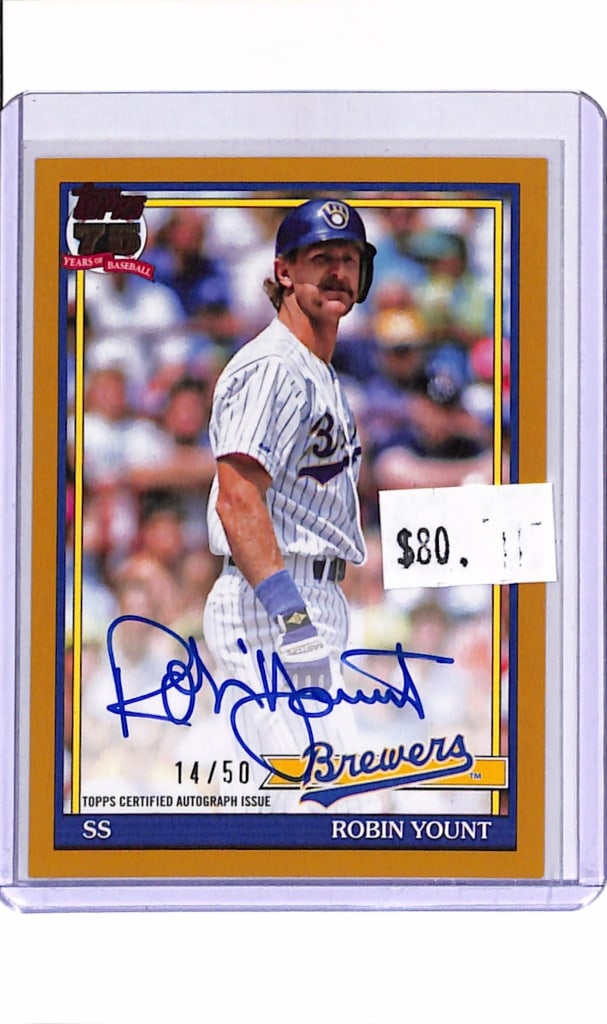 ROBIN YOUNT 2026 TOPPS 1991 RETRO GOLD AUTOGRAPH SP: 14/50. NEAR MINT OR BETTER CONDITION