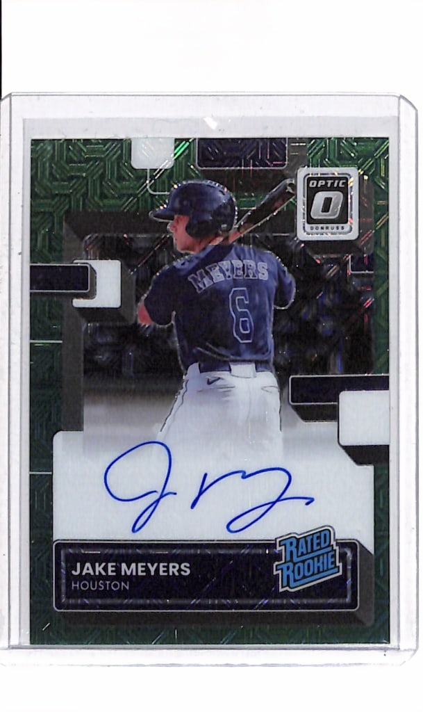 JAKE MEYERS 2022 PANINI OPTIC GREEN MOJO PRIZM AUTOGRAPH ROOKIE CARD: 62/88. NEAR MINT OR BETTER CONDITION