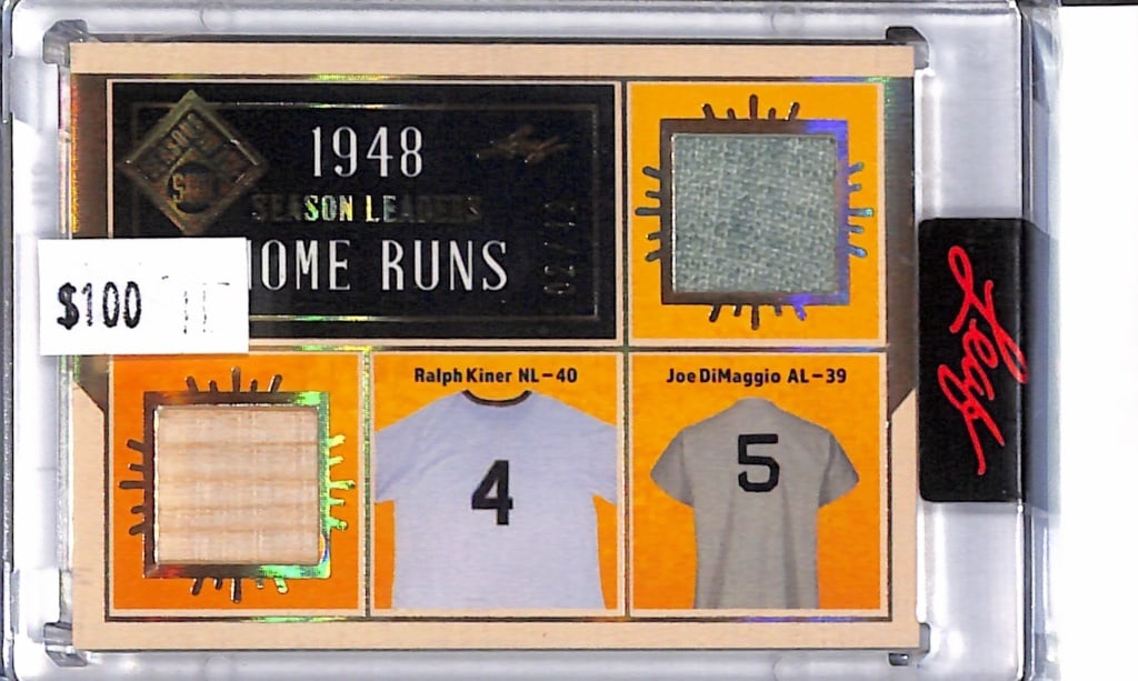 JOE DIMAGGIO RALPH KINER 2025 LEAF SEASON IN THE SUN DUAL GAME USED JERSEY & BAT: 2/12. NEAR MINT OR BETTER CONDITION