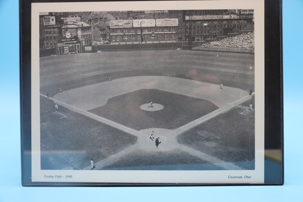 VINTAGE REDS: A VINTAGE FRAMED PHOTO OF CROSLEY FIELD FROM 1940. VERY GOOD CONDITION.