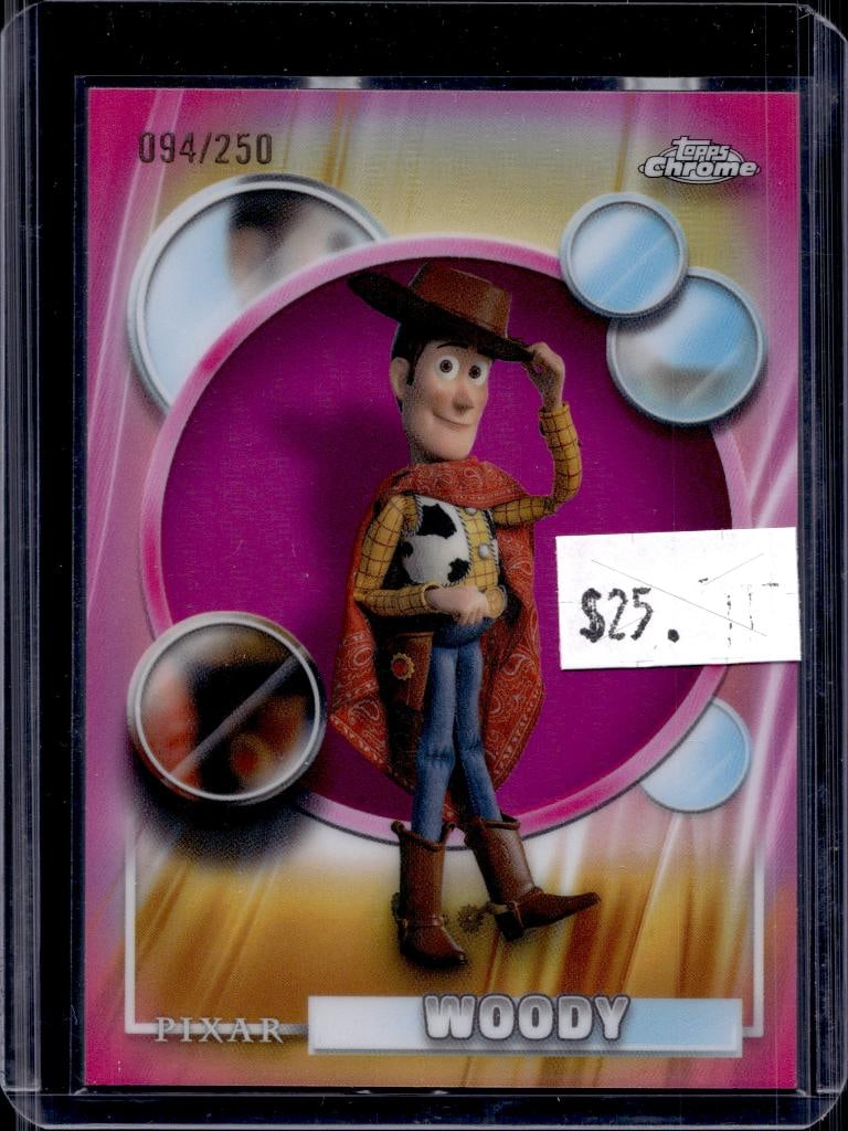 WOODY 2026 TOPPS CHROME DISNEY PINK REFRACTOR: 94/250. NEAR MINT OR BETTER CONDITION