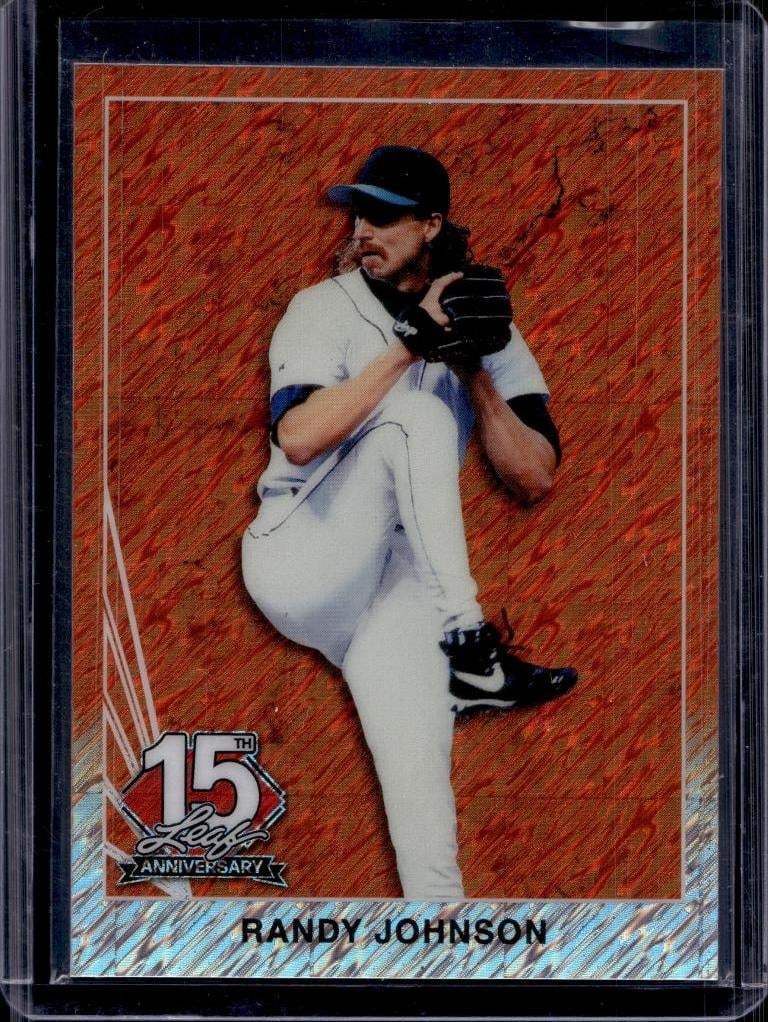 RANDY JOHNSON 2025 LEAF 15TH ANNIVERSARY ORANGE FLASH: 1/4. NEAR MINT OR BETTER CONDITION