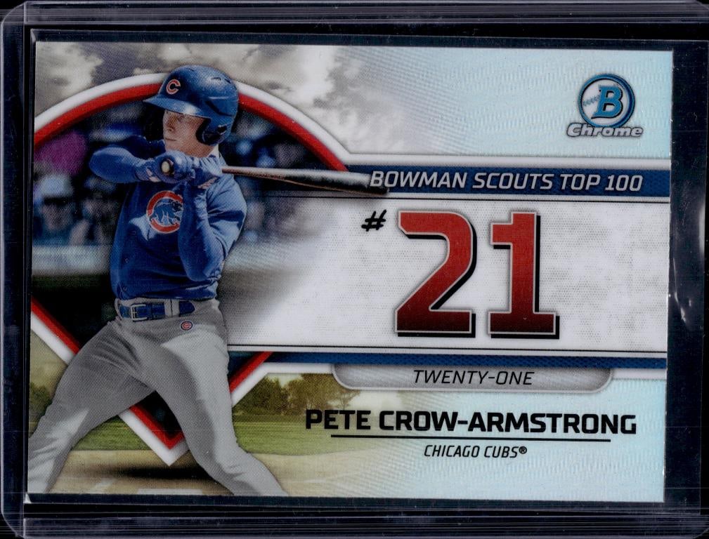 PETE CROW ARMSTRONG 2023 BOWMAN CHROME TOP 100 REFRACTOR ROOKIE CARD: NEAR MINT OR BETTER CONDITION