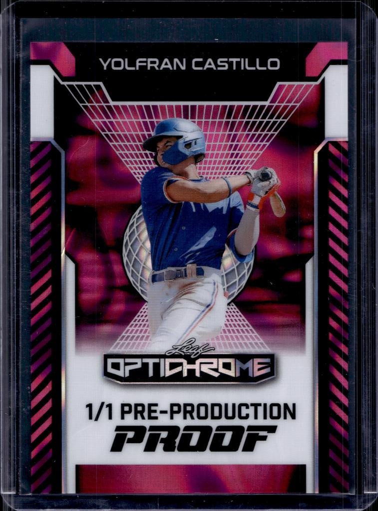 YOLFRAN CASTILLO 2025 LEAF OPTICHROME PRE-PRODUCTION PROOF ROOKIE CARD: 1/1. NEAR MINT OR BETTER CONDITION