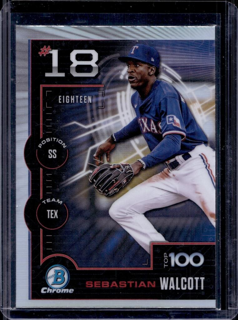 SEBASTIAN WALCOTT 2025 BOWMAN CHROME TOP 100 REFRACTOR ROOKIE CARD: NEAR MINT OR BETTER CONDITION