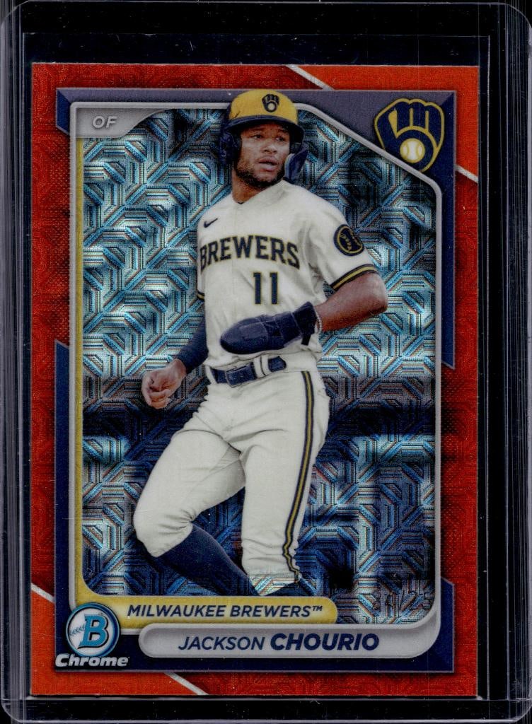 JACKSON CHOURIO 2024 BOWMAN CHROME MEGA ORANGE REFRACTOR: 24/25. NEAR MINT OR BETTER CONDITION