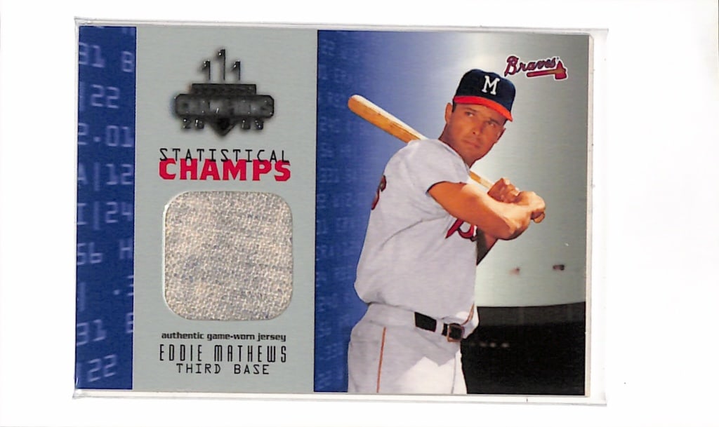 EDDIE MATHEWS 2003 DONRUSS CHAMPIONS GAME USED JERSEY CARD: 42/200. NEAR MINT OR BETTER CONDITION