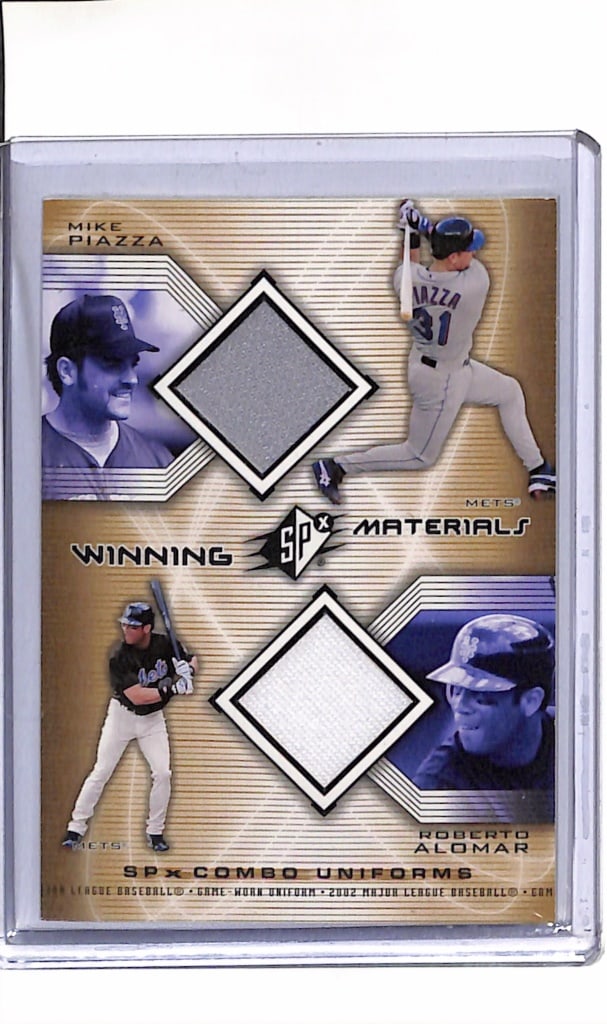 MIKE PIAZZA ROBERTO ALOMAR 2002 SPX DUAL GAME USED JERSEY CARD: NEAR MINT OR BETTER CONDITION
