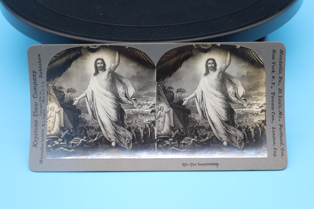 ANTIQUE STEREOSCOPE SLIDE: AN ANTIQUE 1896 KEYSTONE VIEW SLIDE OF THE RESURRECTION OF JESUS. GOOD CONDITION.