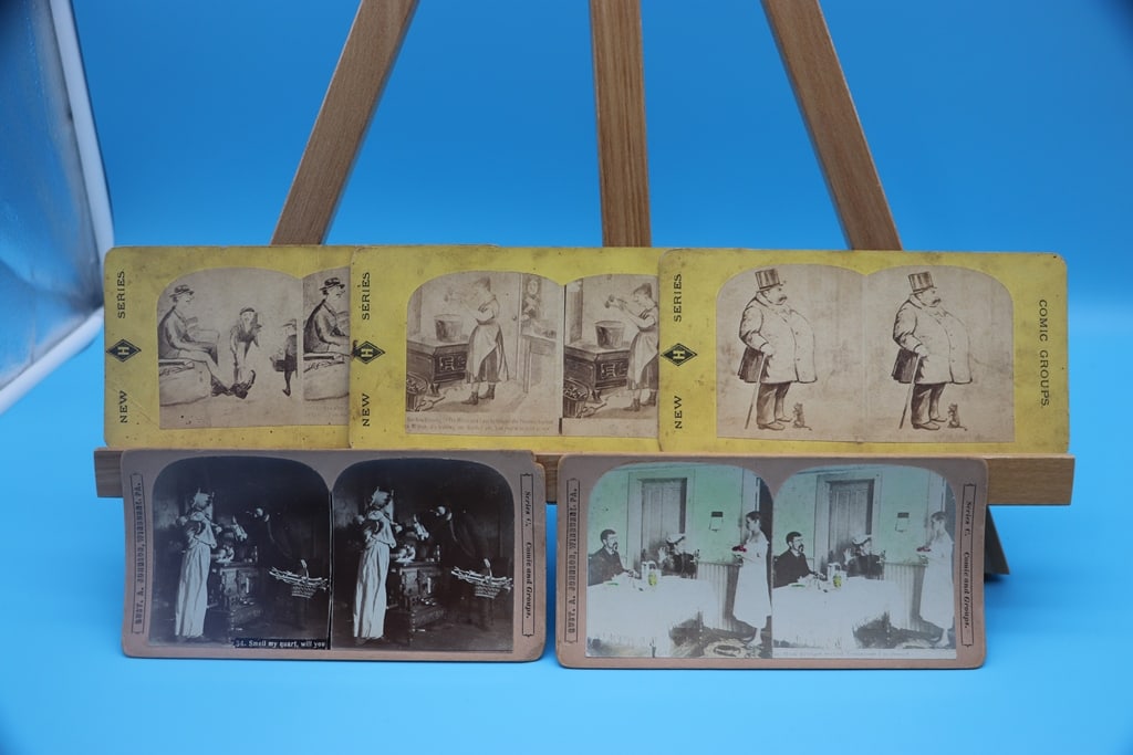 ANTIQUE STEREOSCOPE SLIDE: A GROUP OF 5 COMEDIC SERIES STEREOSCOPE SLIDES. GOOD CONDITION.