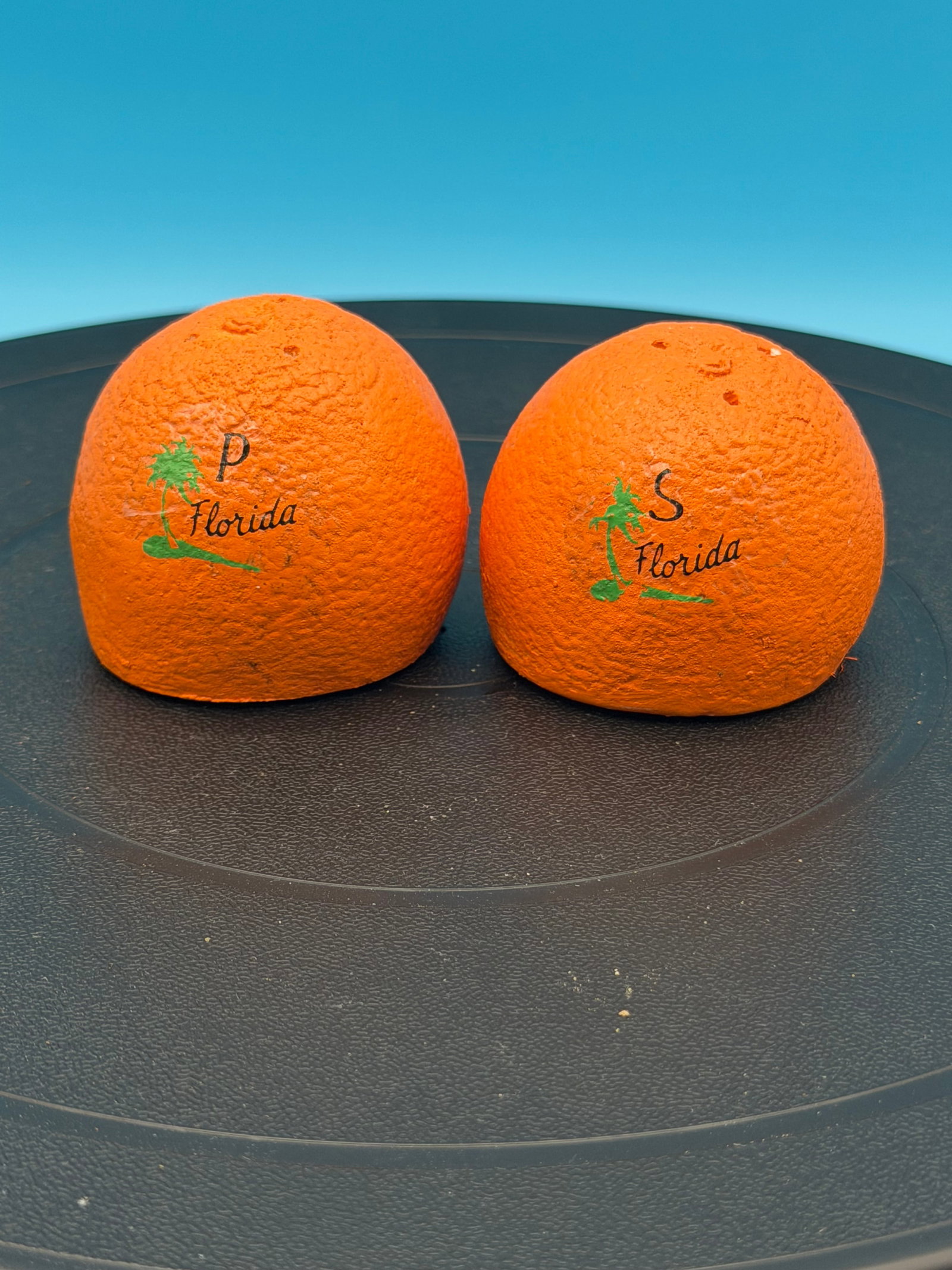VINTAGE SALT AND PEPPER: A VINTAGE FLORIDA ORANGES SALT AND PEPPER SET. VERY GOOD CONDITION.