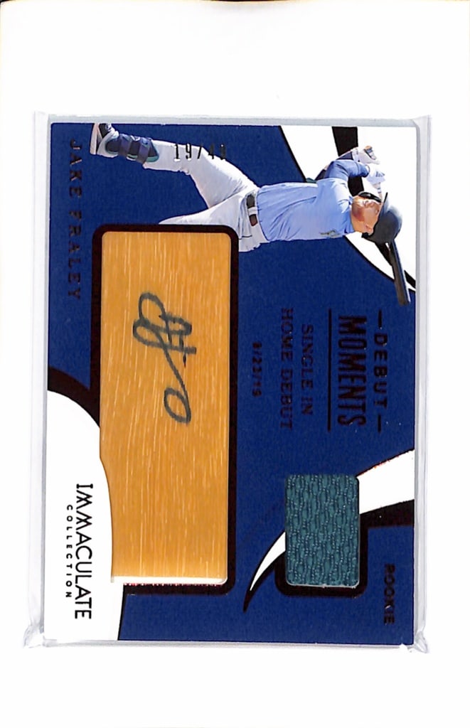 JAKE FRALEY 2020 PANINI IMMACULATE GAME USED JERSET BAT AUTOGRAPH CARD: 19/49. NEAR MINT OR BETTER CONDITION