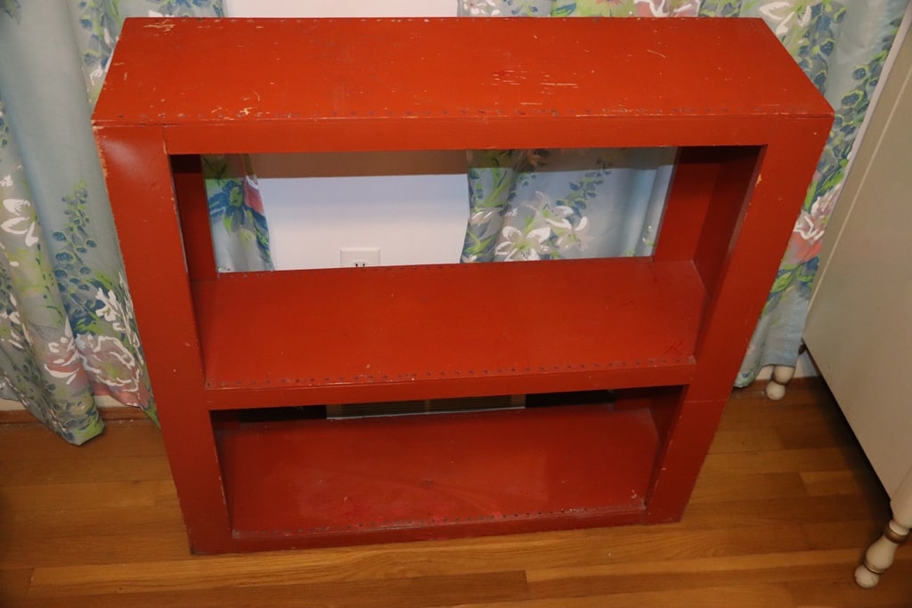 VINTAGE SHELF: A VINTAGE ORANGE WOOD STORAGE SHELF. GOOD CONDITION. 30" X 38" X 12"