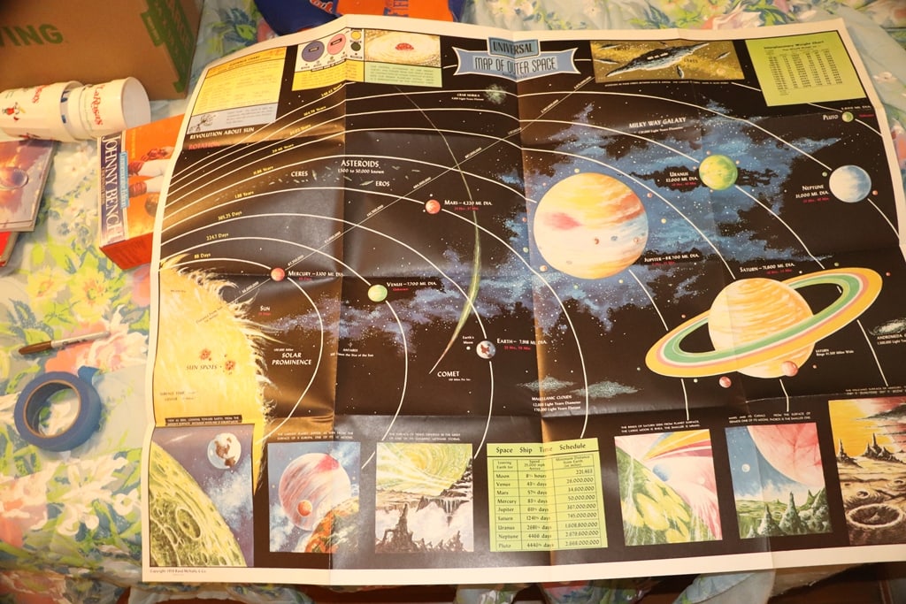 VINTAGE POSTER: A VINTAGE 1958 POSTER OF OUTER SPACE AND OUR SOLAR SYSTEM. VERY GOOD CONDITION.