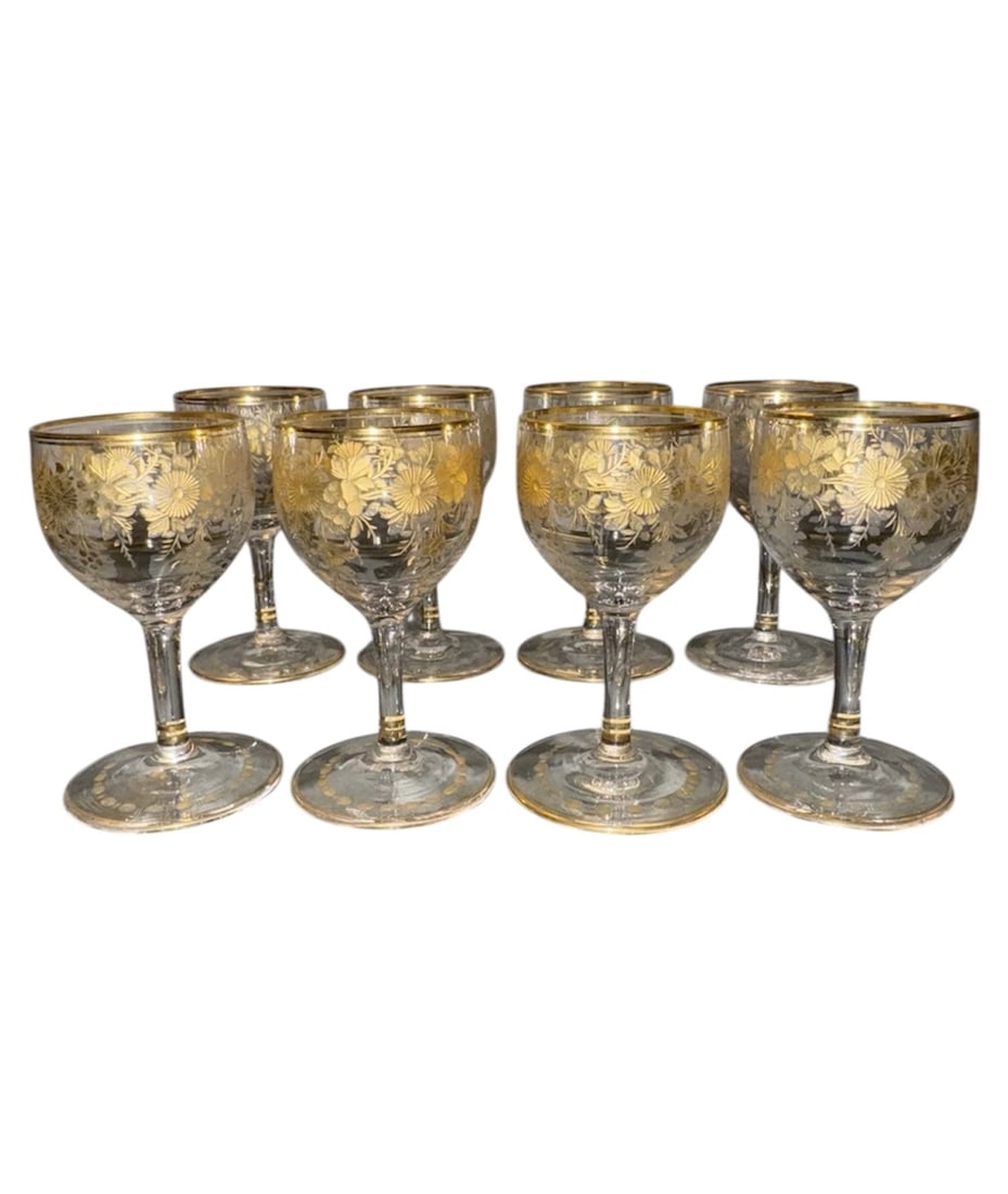 Antique Moser Bohemian - Gold Floral Sherry/Liqueur Glasses, Set of 8 (1 of 11)