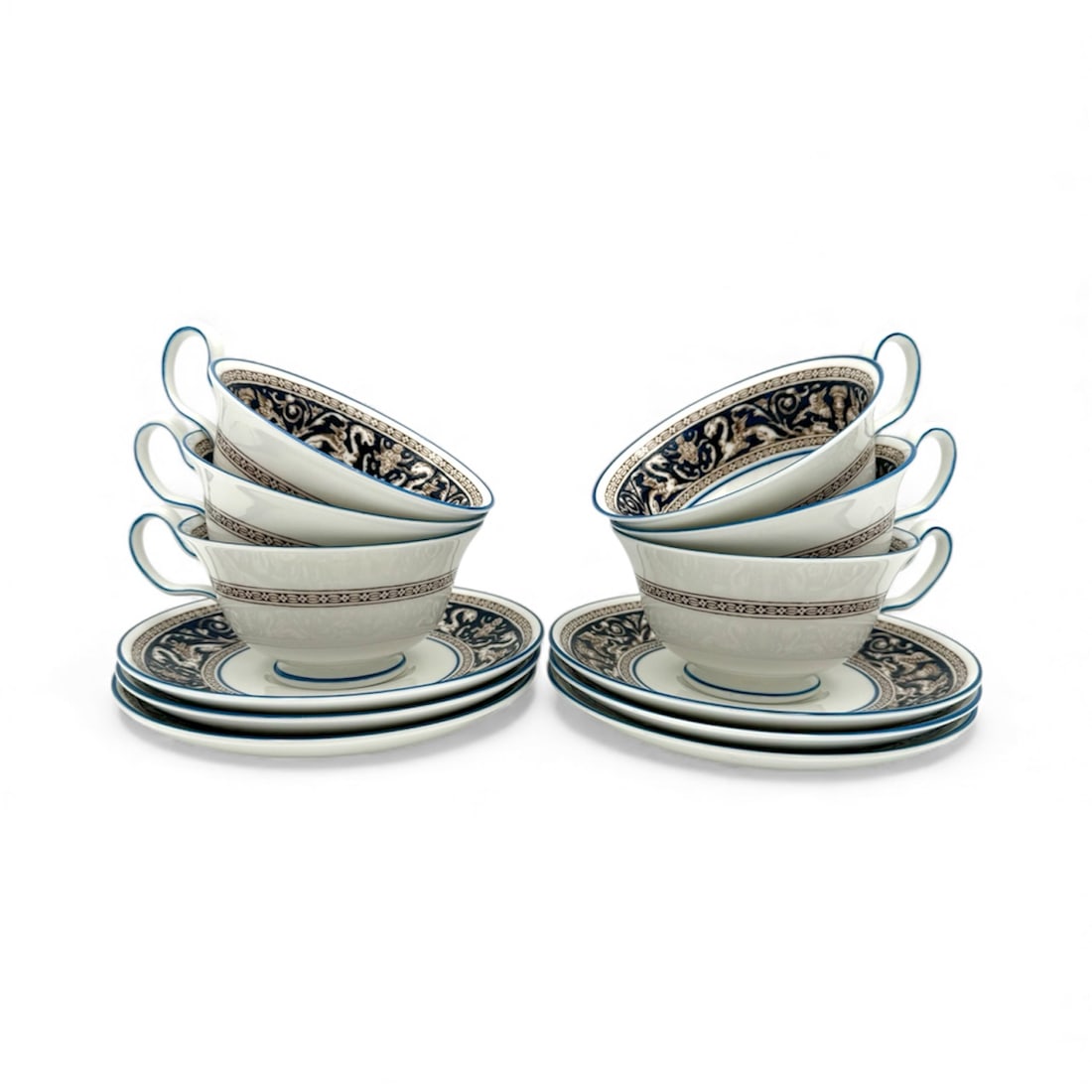 Wedgwood Florentine Dark Blue - Peony Shape Footed Cups & Saucers, Set of 6: The Wedgwood Dark Blue Florentine W1956 cups and saucers, set of 6, are a vintage collectible set from the United Kingdom. Made of bone china with a dark blue Florentine design featuring dragons. The