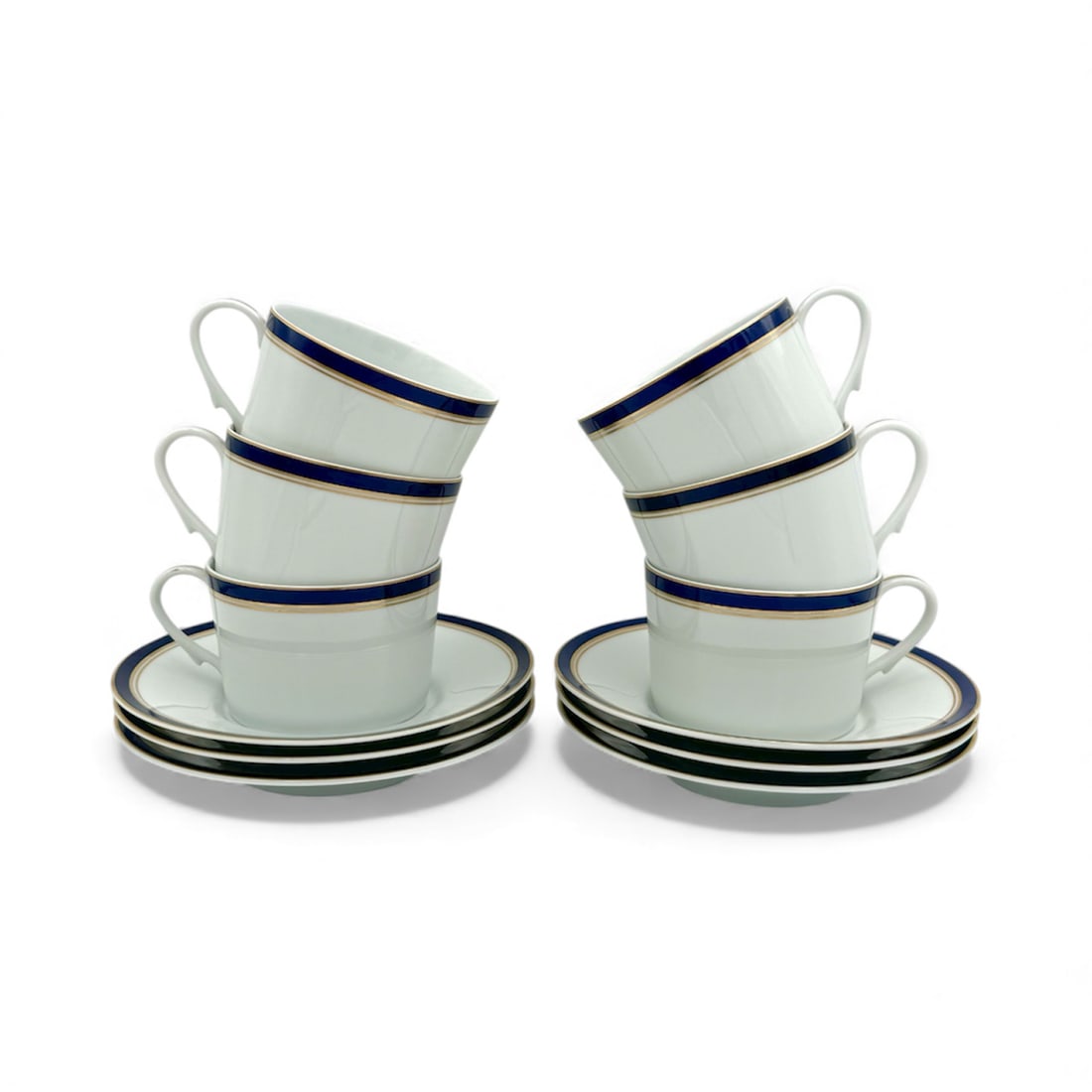 Ceralene Raynaud Diplomat Blue - Flat Cups & Saucers, Set of 6: The lovely set of Ceralene Raynaud Diplomat Blue - Flat Cups & Saucers, Set of 6, come from Limoges, France. Made between 1986-1996, of porcelain with a classic blue and gold trim. Each cup measures 3