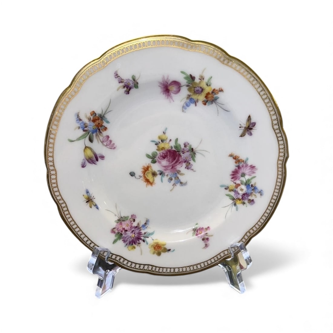 Antique Ambrosius Lamm - Hand Painted Bread & Butter Plate: This antique plate by Ambrosius Lamm measures 6.5 inches in diameter and features a delicate pink rose pattern with intricate hand-painted details. Made in Germany during the Victorian era (1887-1914)