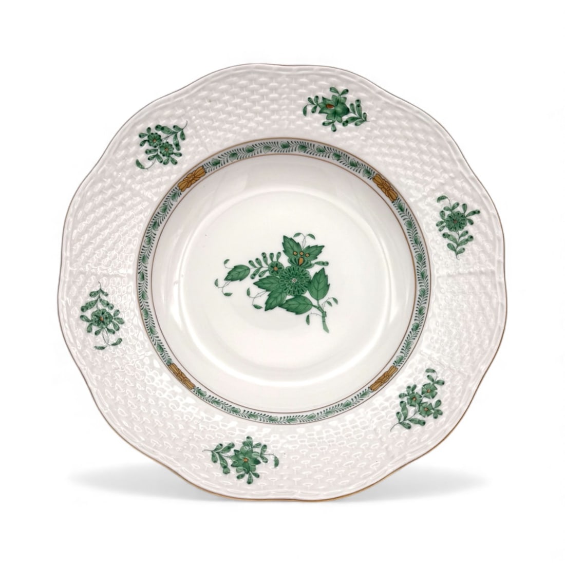 Herend Chinese Bouquet Green - 504/ AV Rim Soup Bowl: This exquisitely hand painted Herend Chinese Bouquet Green - 504/ AV Rim Soup Bowl is made of the finest porcelain. Made in Hungary, it measures 8 1/8” in diameter.