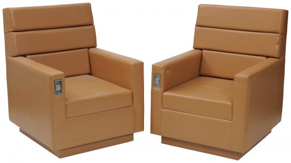 Pair of Seats from Tony's Private Jet: "Set of chairs from Tony Stark's private jet. Tony and Jim Rhodes fly together in Stark's lush private plane to the Bagram Air Base in Afghanistan for the Jericho missile weapons testing. Swivel seat 