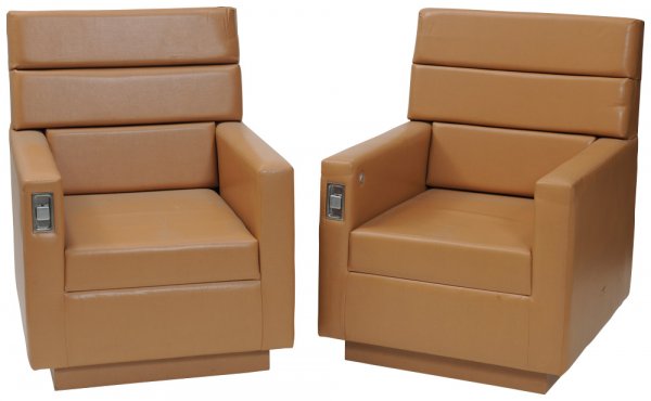 Pair of Seats from Tony's Private Jet: "Set of chairs from Tony Stark's private jet. Tony and Jim Rhodes fly together in Stark's lush private plane to the Bagram Air Base in Afghanistan for the Jericho missile weapons testing. Swivel seat 