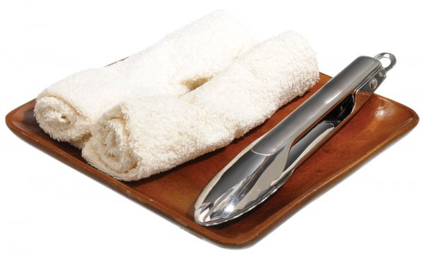 Hero Towel Serving Set from Tony's Private Jet: Hot towel serving set stewardess uses to hand Tony and Rhodes steaming hot towels. Production noted that these were screen used by Robert Downey Jr. and Terrence Howard. Wood serving tray with two cre