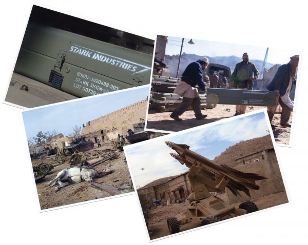 Christine Everhart's Hero Photos of Stark Industrie: "Photos of Stark Industries weapons, including Jericho missiles, recently delivered to insurgents. Christine Everhart shows these photos to Tony Stark outside of his black tie party questioning him on