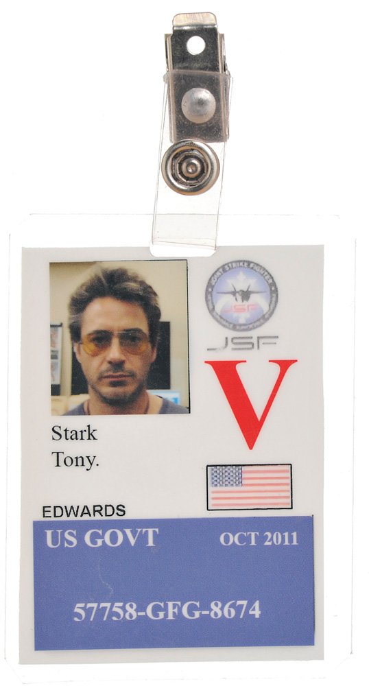 Tony Stark Hero ID Badge Edwards Air Force Base: The hero badge Tony Stark wears on his jacket as he approaches Rhodey at Edwards Air Force Base and asks him to be a part of his "new project". Production labeled this as the hero id badge worn by Rob