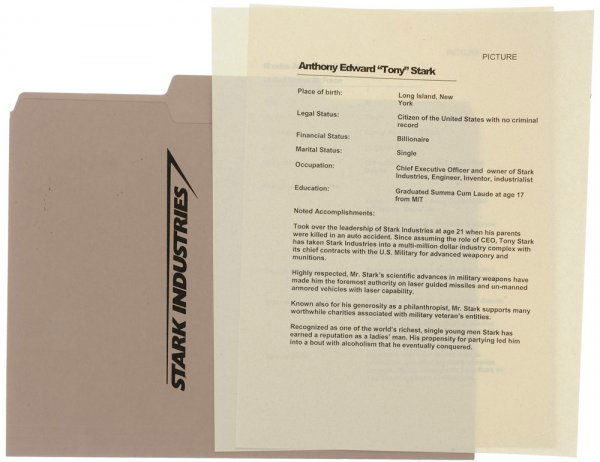Stark Industries Folder Containing Information on: Dossier file on Colonel James Rhodes and Tony Stark inside a Stark Industries folder. Both documents have detailed information about both men. Neither files were used on screen. Measures approximately