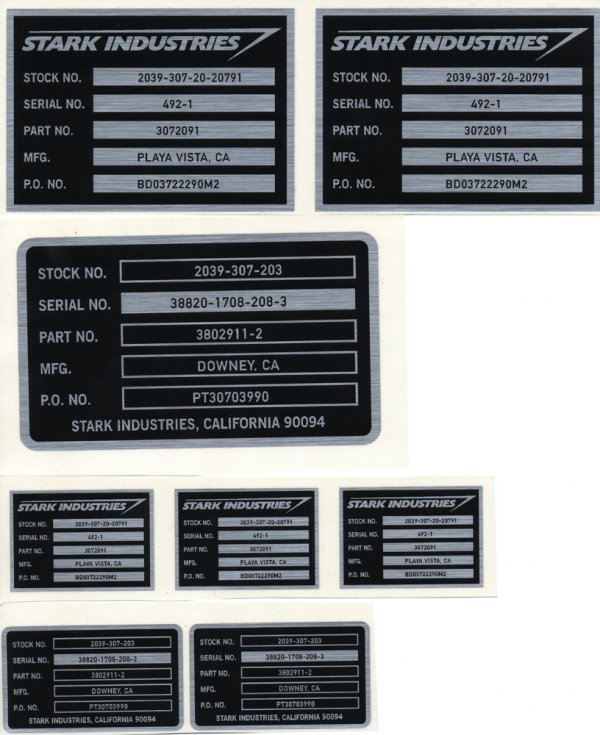 Set of Stark Industries Stickers: "These logos were affixed to each piece of weaponry and technology produced by Stark Industries. This is a set of unused logos. Set includes nine stickers of varying sizes: The large black Stark Indus
