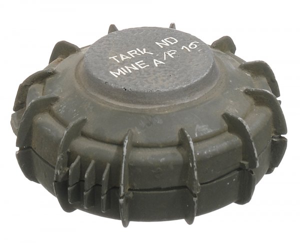 Set of Stark Industries Landmines and Bomb: This collection of Stark weaponry includes: Two small landmines and one SI-M59 bomb. These were seen scattered throughout the Ten Rings' hidden mountain base. Landmine measures 3.25" x 1.25". SI-M59